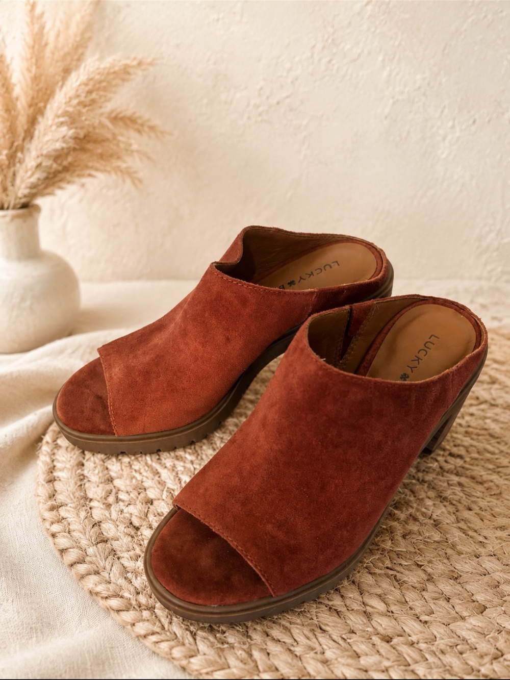 Lucky Brand Women's Rust Suede Open-Toe Mule Heels Boho Terracota Size 6.5